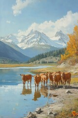 Oil painting depicting brown calves gathering at a watering hole on a sunny autumn day with distant snow capped mountains in the background