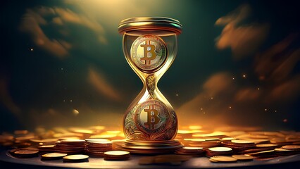 Money is pouring inside an hourglass. The hourglass is filled with coins. Concept: Time is money, business strategies, wise investments.