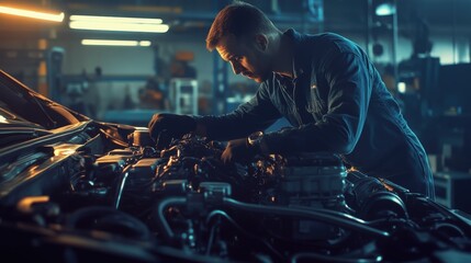 An automotive engineer examining the engine to improve performance.