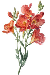 Fototapeta premium A beautiful Freesia flower with green leaves, perfect for decorative, watercolor art, nature-themed designs, PNG transparent background