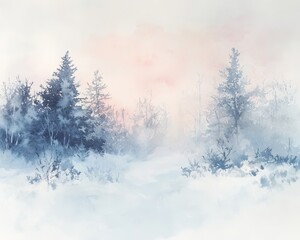 Watercolor Painting of a Winter Forest Landscape with Pink Sky.