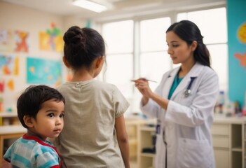 A pediatrician administering a vaccine to a young child in a brightly lit clinic room.