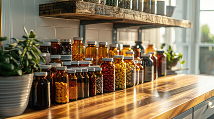 Organized display of various apothecary jars and bottles on wooden kitchen counter