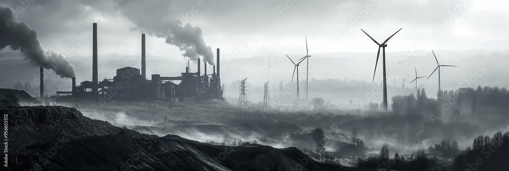 Aufkleber closed coal mines and old factories contrast against modern wind turbines, symbolizing the shift to 