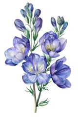 Beautiful illustration of a vibrant Freesia flower with lush green leaves, perfect for nature-themed designs and decor, watercolor art, PNG transparent background