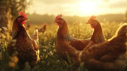 Fototapeta premium Hens in a Golden Sunset