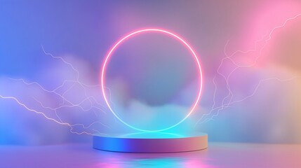 Abstract background with a colorful gradient and an empty podium for product presentation. Pastel colors, 3D rendered illustration with light effects