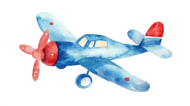 Watercolor transportation illustration featuring a charming airplane design hand drawn clip art ideal for children s parties Blue and red airplane theme suitable for nursery decor textiles fabrics