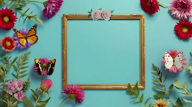 Wooden frame decorated with colorful flowers on a light blue background. Seamless 4K looping timelapse video animation background
