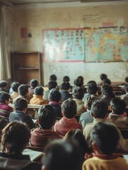 Students sit closely together in an overcrowded classroom, struggling with old materials and a lack of supplies, eager to learn. Generative AI