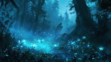 Obraz premium Mystical Blue Forest with Glowing Flowers and Foggy Atmosphere.