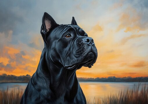 Oil painting depicting a black Presa Canario against a sunrise backdrop capturing the serene moment of dawn with this majestic dog breed
