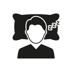 Man Sleeping on Pillow with ZZZ Symbol. Sleep Hygiene, Health, Rest and Bedtime Routine Glyph Pictogram. Isolated Vector Illustration