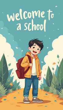 open layer vector of little cute boy going to school