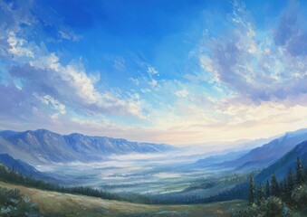 Fototapeta premium Oil painting depicting a serene morning in the mountains showcasing a beautiful blue sky with lingering mist in the valley below