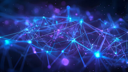Abstract representation of a digital network with glowing nodes and connections on a dark background, illustrating technology trends and advancements