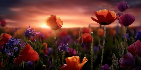 Obraz premium A colorful field of flowers, including red poppies and purple blooms, are captured in the foreground against a stunning sunset backdrop with a gradient sky.
