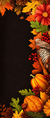 Autumn frame with colorful leaves, flowers, pumpkins, and berries on dark background. Perfect for seasonal and Thanksgiving designs.