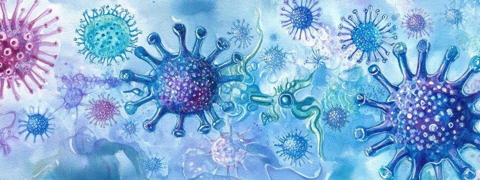 Watercolor illustration of virus medicine sea cancer immunity biological viruses gene therapy for cancer weakened immunity indigo cell death and aquamarine brush depicting bacteria at the electron