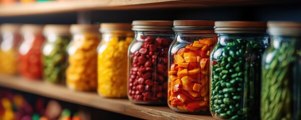 Colorful jars filled with various dried fruits and candies arranged neatly on a wooden shelf, perfect for food lovers.