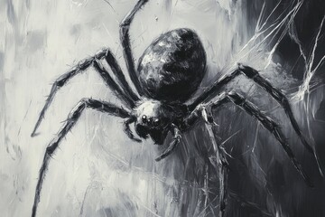 Black and white oil painting featuring a spider and its web showcasing a monochromatic design with spider imagery