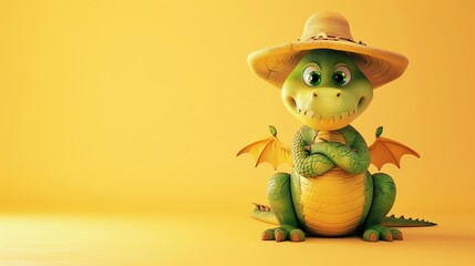 Fototapeta premium A cute green cartoon dragon with wings wearing a straw hat on a yellow background.