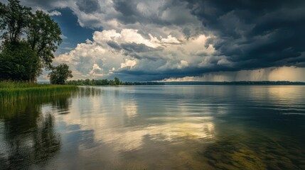 Fototapeta premium Storm clouds moving in over a calm lake, approaching weather, impending storm