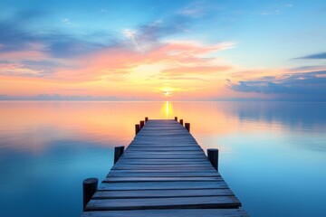 Obraz premium A calm wooden pier stretches into a serene body of water. The sky reflects vibrant colors of sunset. Perfect for relaxation and nature appreciation. Generative AI