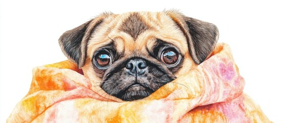 Watercolor illustration of a pug on a white background Adorable dog with sorrowful eyes Puppy pug wrapped in a cozy blanket