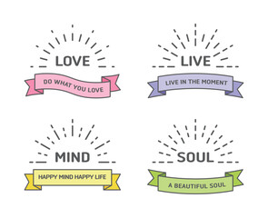 Set of typography illustrations for symbols, logos, labels. Ribbon and radial flame effect illustration.