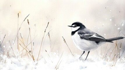 Obraz premium Watercolor illustration of an adult Pied Wagtail Motacilla alba yarrellii on frozen grassland in winter