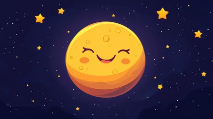 Fototapeta premium Smiling Moon with Stars in Night Sky - Cute Cartoon Illustration.