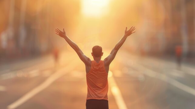 A marathon runner crossing the finish line, arms raised in victory, achieving a significant personal milestone
