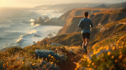 Man running on scenic coastal trail amidst wildflowers during golden hour