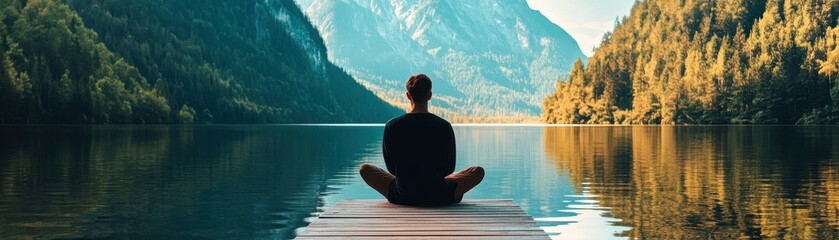 A serene scene of a person meditating by a tranquil lake surrounded by mountains, promoting peace and mindfulness in nature.