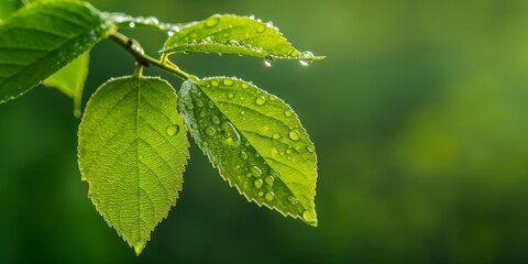 This image showcases a fresh, green leaves with water droplets clinging to them, set against a beautifully blurred background, highlighting the essence of nature's purity and freshness.