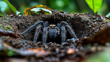 Close-up of a tarantula emerging from its burrow in a tropical rainforest, perfect for wildlife photography, nature documentaries, and educational content on arachnids