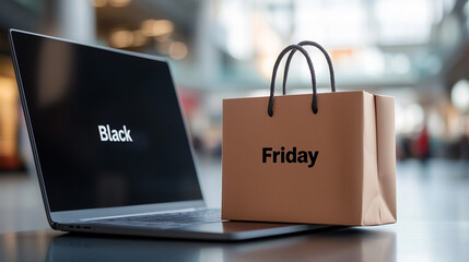  Black satin paper shopping bag with "Black Friday" text on screen of laptop,  online retail concept for  Black Friday promotion