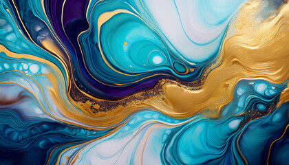 Artistic abstract background made using fluid art technique, featuring acrylic paint in shades of blue, gold, and purple