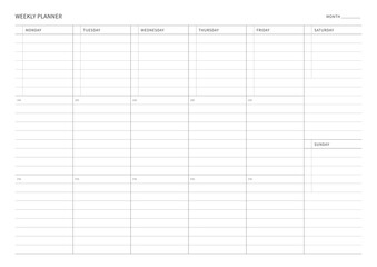 A weekly plan design template in a modern, simple, and minimalist style. Note, scheduler, diary, calendar, planner document template illustration.