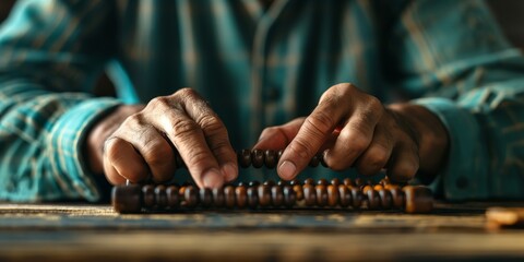 A person wearing a checkered shirt is focused on using a traditional abacus, sliding beads for calculations at a wooden table, illustrating manual methods of computation.