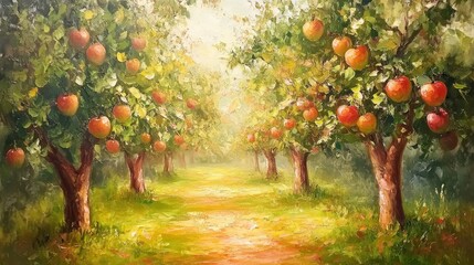 Oil painting depicting apple trees in a fruit orchard