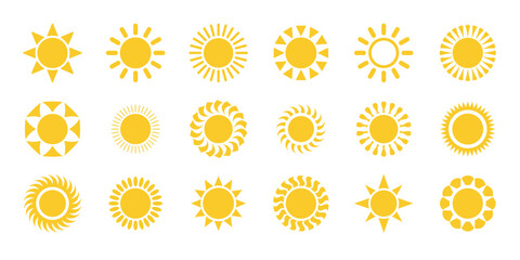 Sun icon set.  Yellow sun star icons. Shine sun ray set. Sunset icon collection. Flat modern shining symbols collection. Solar summer icon isolated. Vector illustration. 