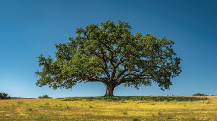 Solitary oak tree on a sunny meadow with clear blue sky background