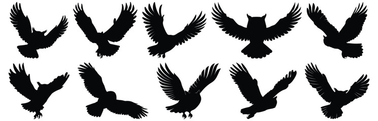 Owl silhouette set vector design big pack of flying illustration and icon