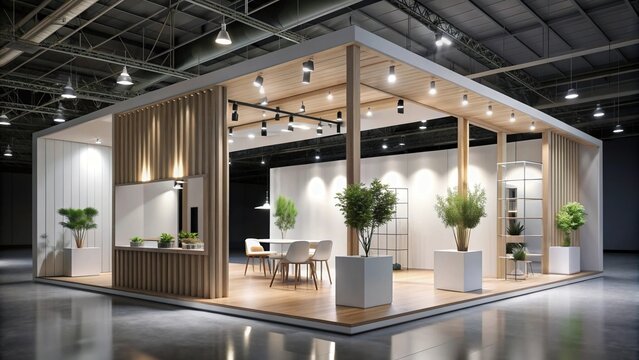 Large exhibition booth in Nordic style with simple decor and minimalistic furniture, clean, design,exhibition, industrial, wood, simple, furniture, trade show, Nordic, booth, elegant