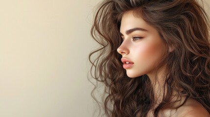 Naklejka premium Beautiful model girl with long curly hair. Smiling woman hairstyle wavy curls. Fashion, beauty and makeup portrait. Treatment, care and spa procedures.