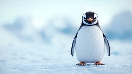 Obraz premium A charming cartoon penguin standing on an icy landscape with a soft blue background, perfect for winter-themed designs.