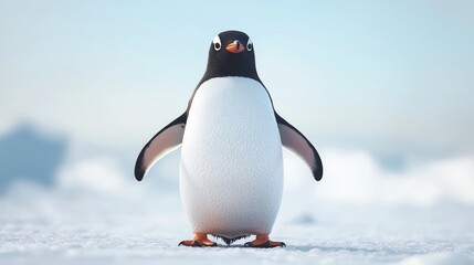 Fototapeta premium A charming penguin standing on the snowy ice, showcasing its unique features and playful demeanor in a serene landscape.