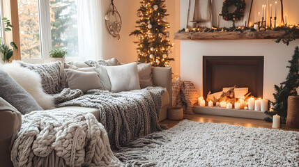 Cozy Living Room with Fireplace and Christmas Decorations